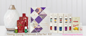 The Beginner's Guide To Using Essential Oils Properly Image of a diffuser, bottles, a book, and boxes of essential oils. Text: Young Living Premium Starter Kit